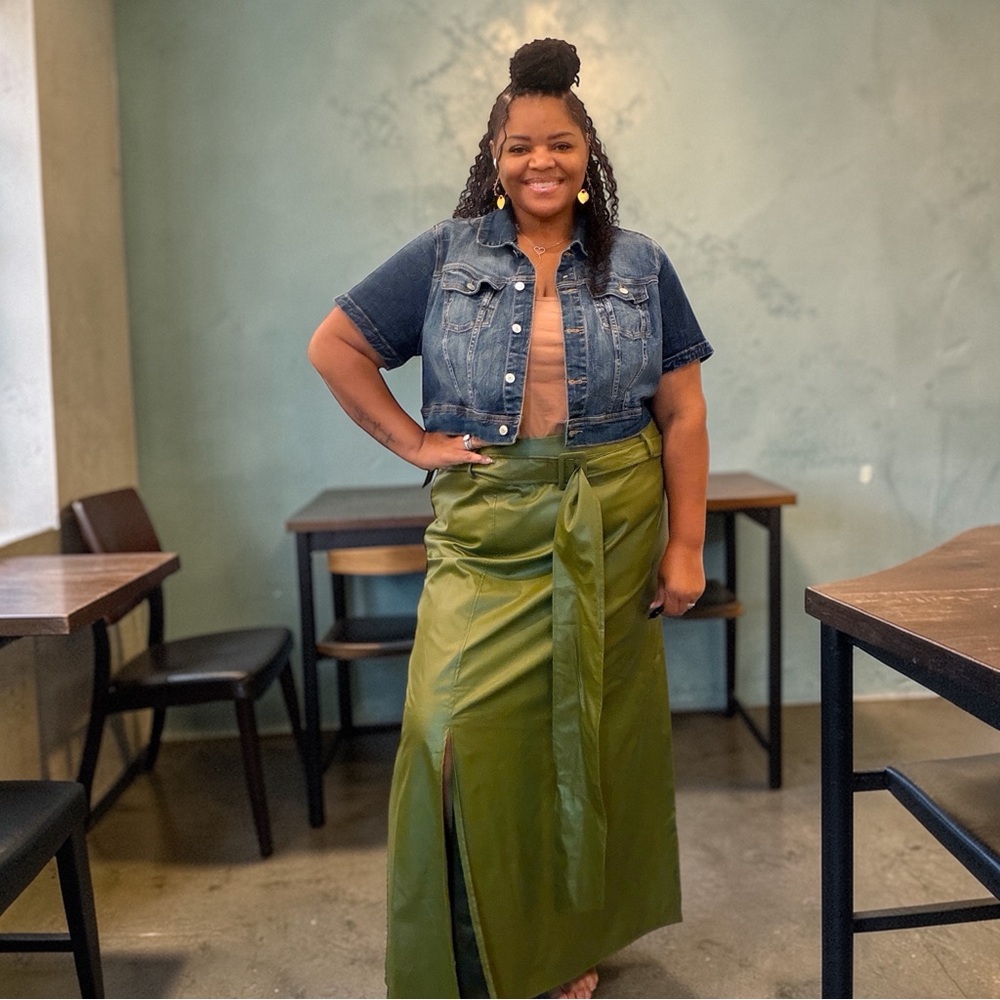 Plus Size Faux Leather Olive Green Maxi Skirt 3X